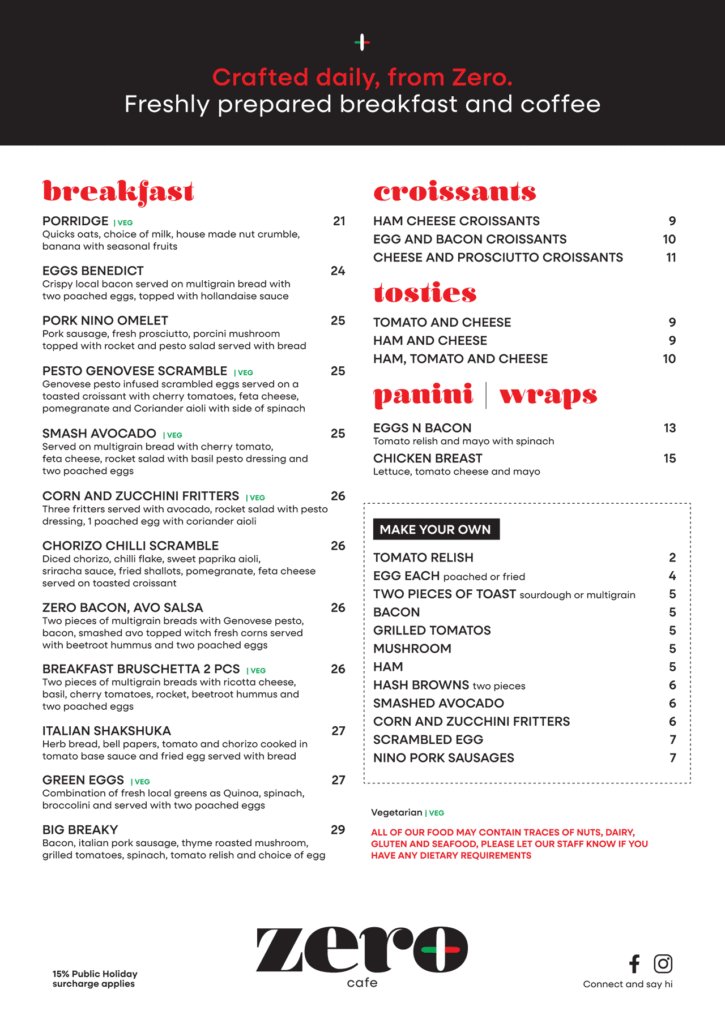 Zero Cucina Breakfast Menu