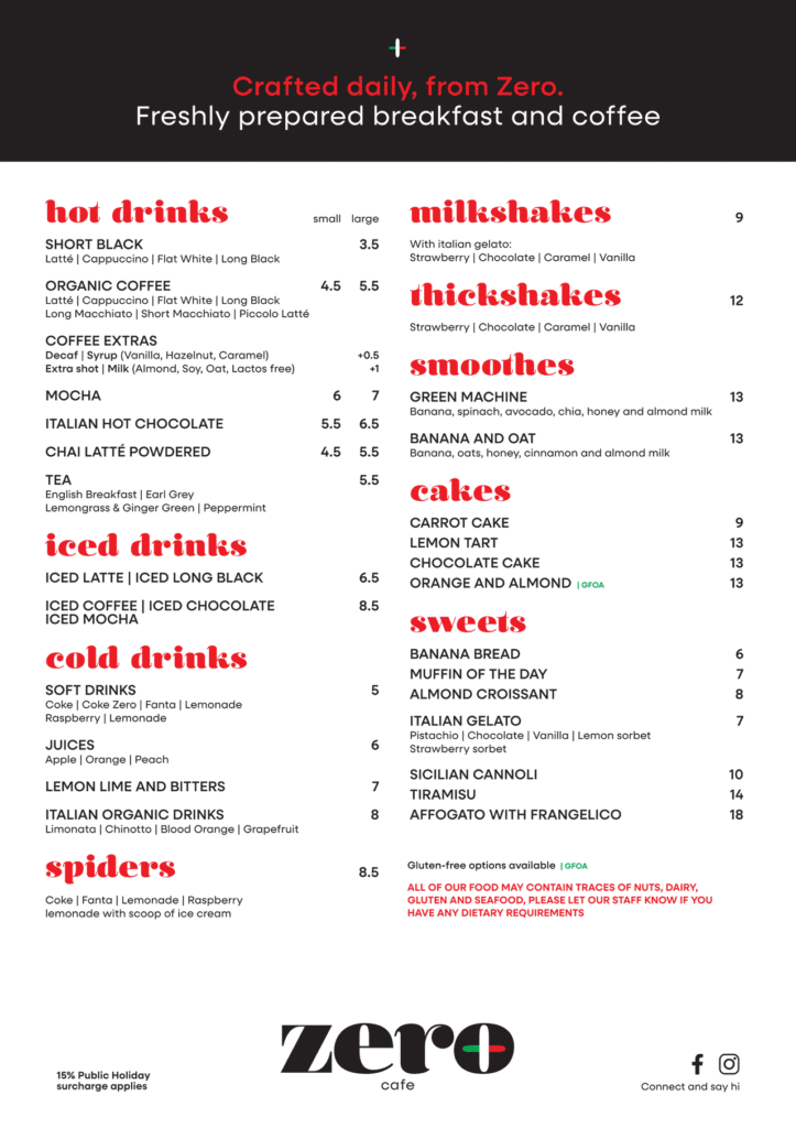 Zero Cucina Drinks Menu