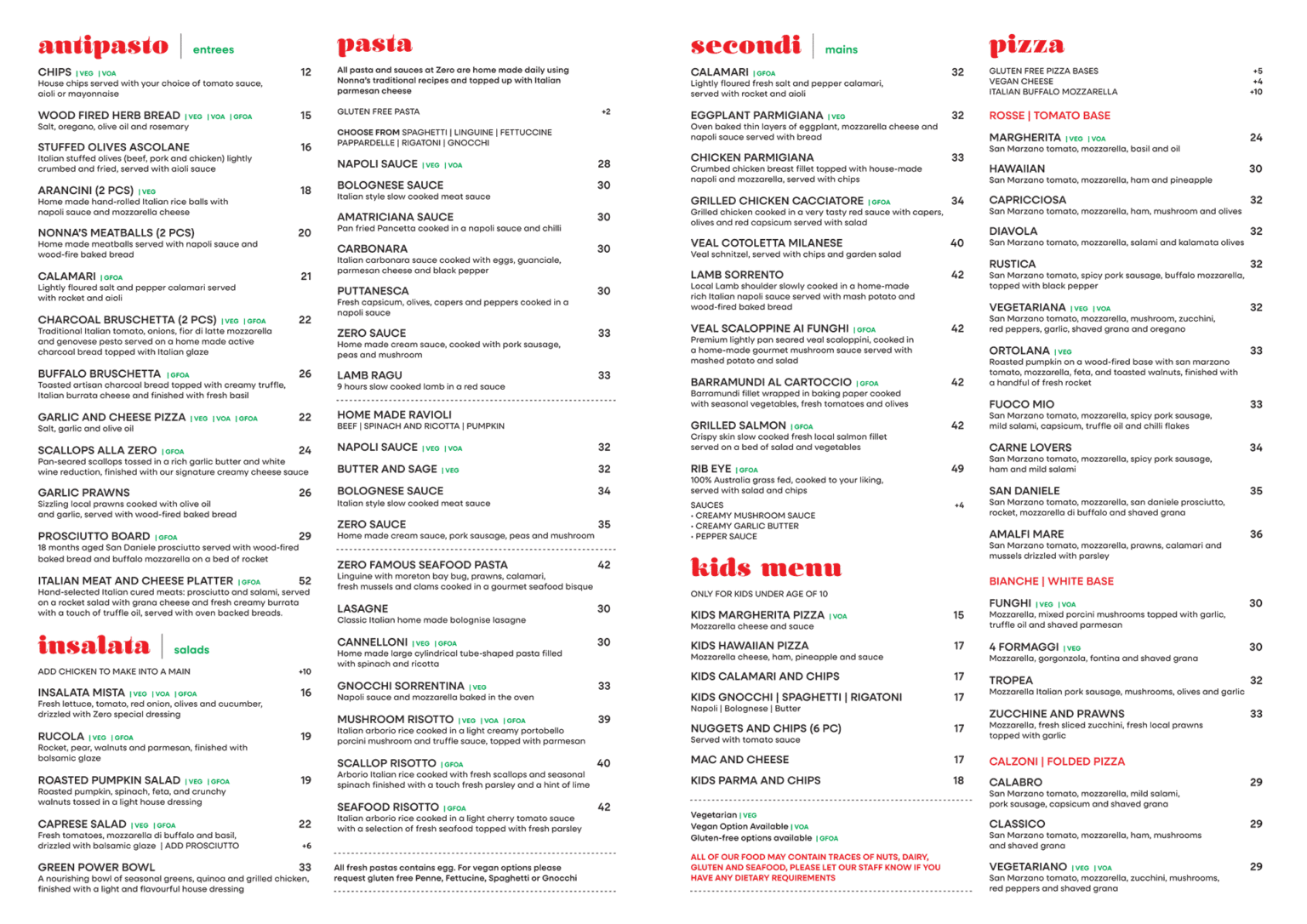 Zero Cucina Italiana Menu