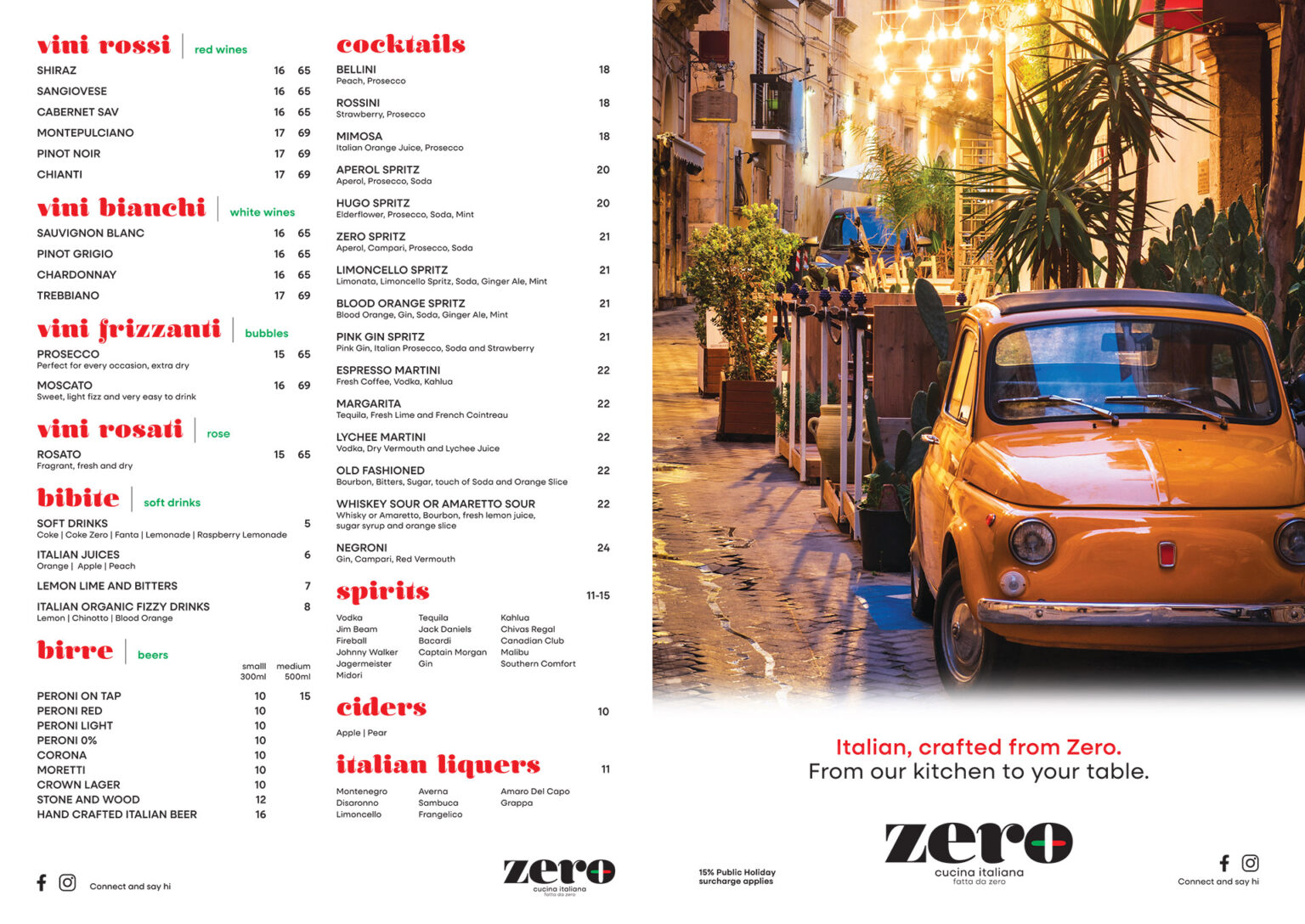 Zero Cucina Italiana Menu