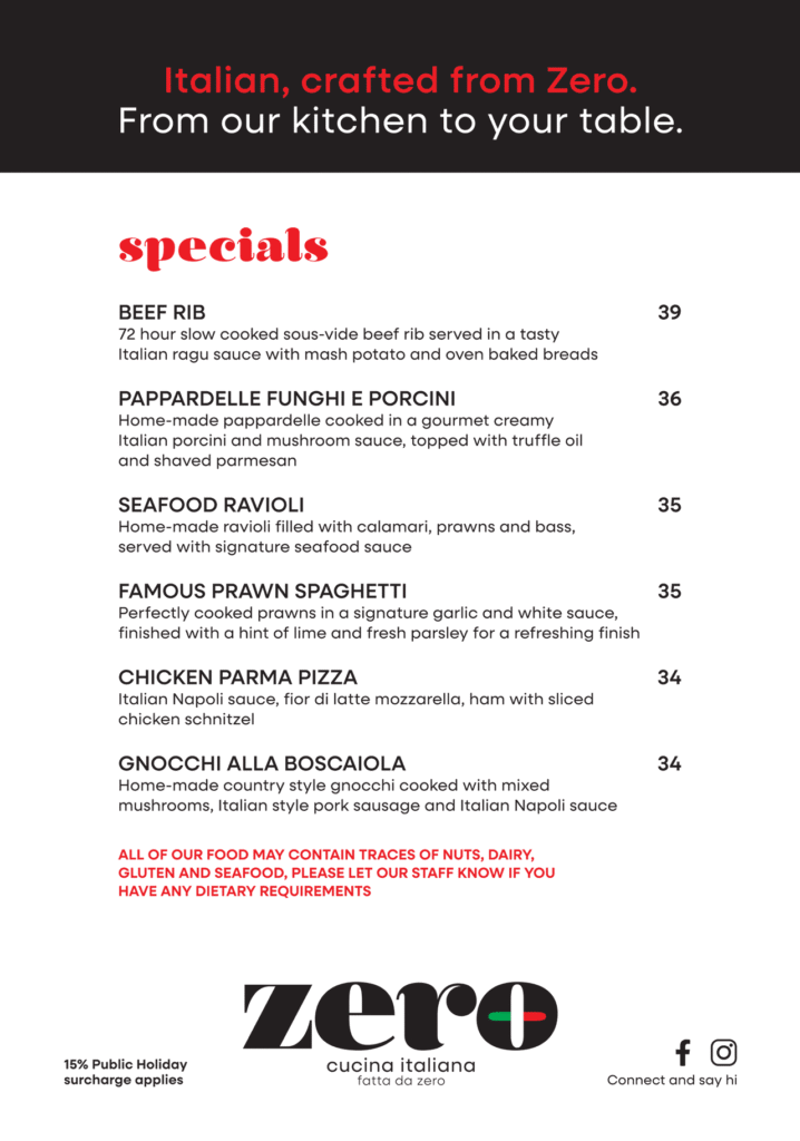 Zero Cucina Specials Menu